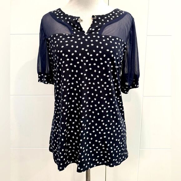 adele & may Tops - NWT Polka Dot Navy Blue Women's Top sheer sleeves, size small